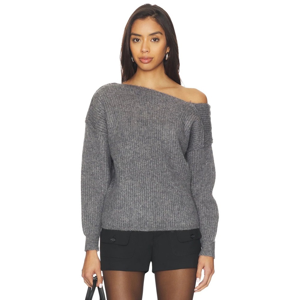 Line &‎ Dot Shore Sweater Charcoal Grey Asymmetrical Off Shoulder Ribbed Small